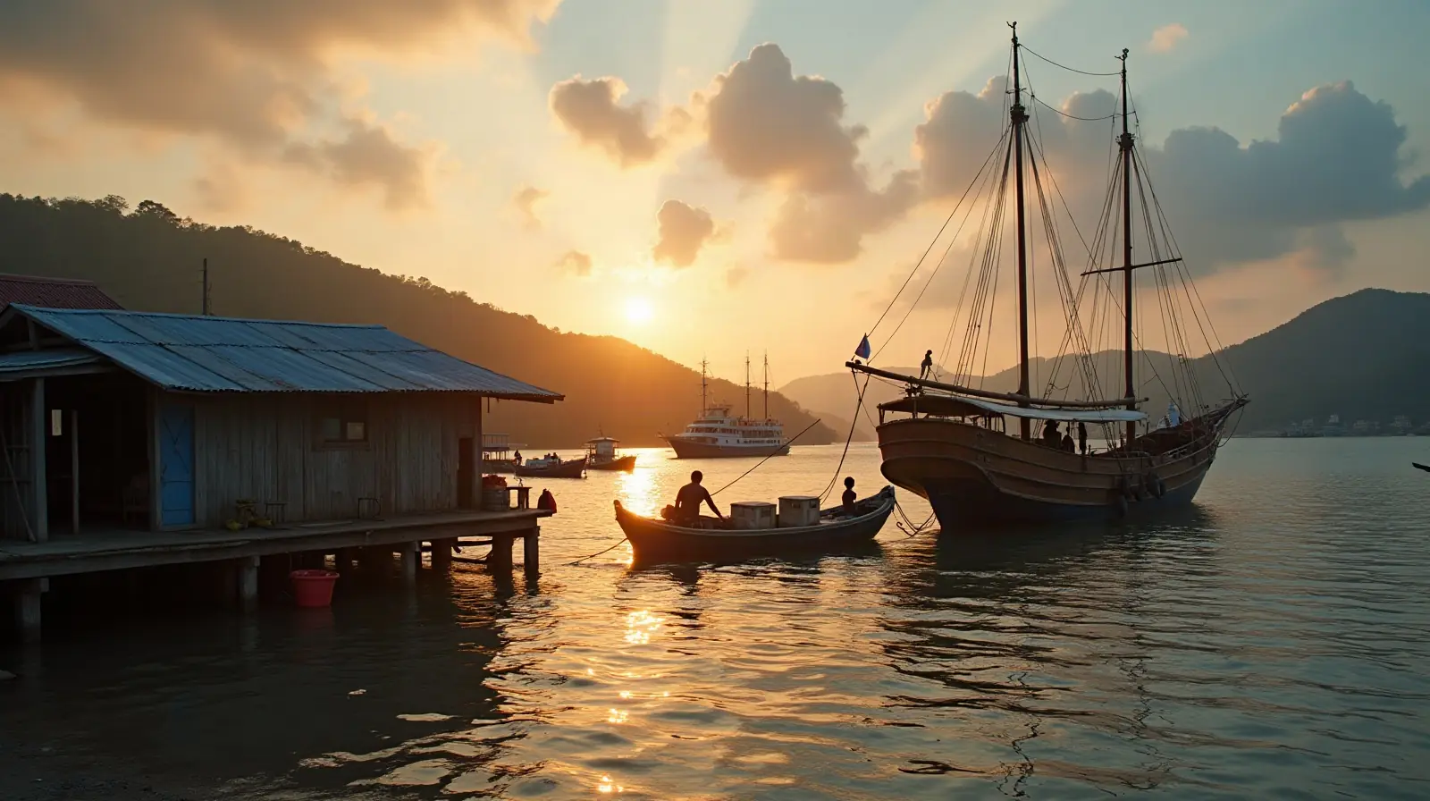 Dawn at Waisai harbour jetty on Waigeo, Raja Ampat, with a phinisi schooner and crew loading provisions
